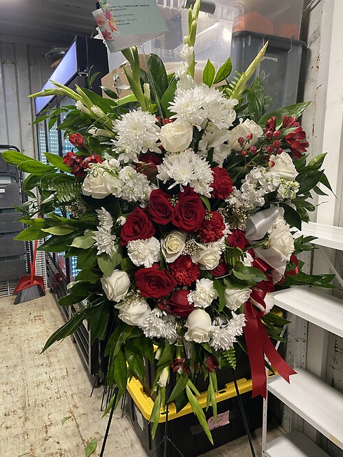 Red and white standing spray Large